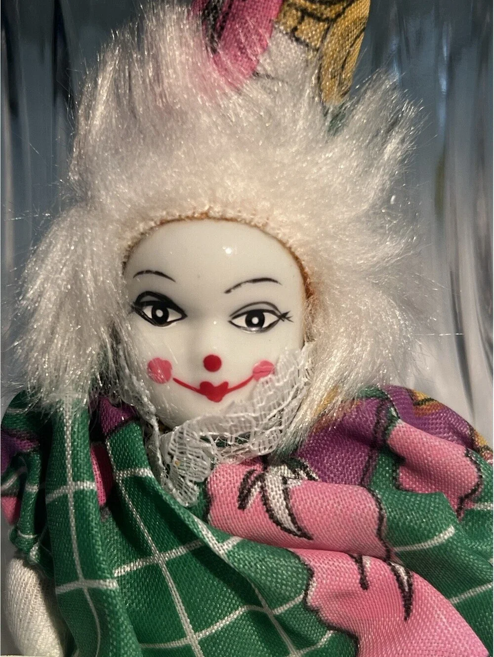 Vintage Porcelain Clown Dolls Sand Bag: Green Outfit & White Hair